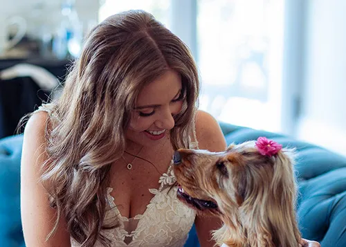 Bride excited to see her dog at her wedding