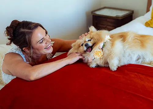 Bride getting ready for wedding with her dog beside her